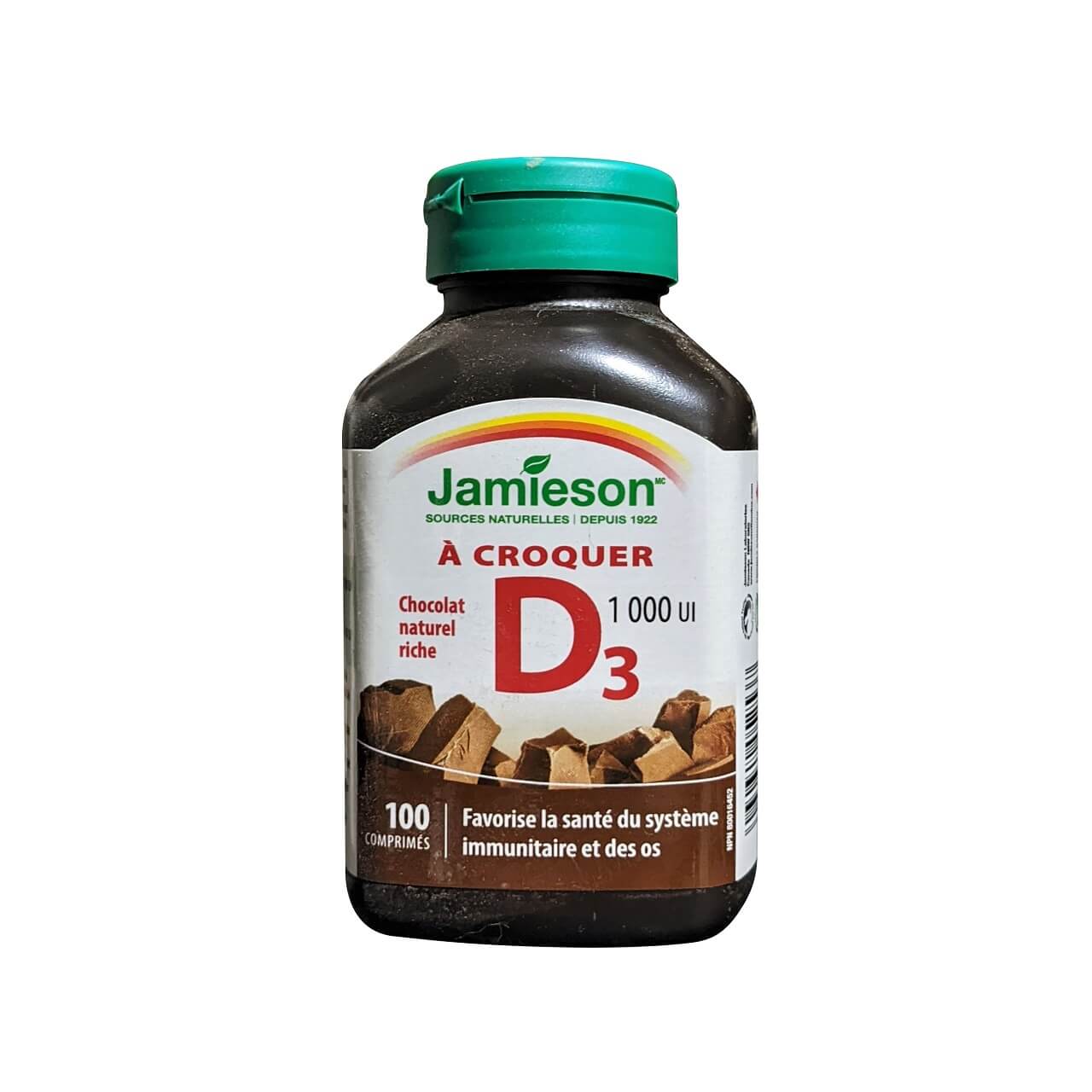 Product label for Jamieson Vitamin D3 1000 IU Chewables Chocolate (100 tablets) in French