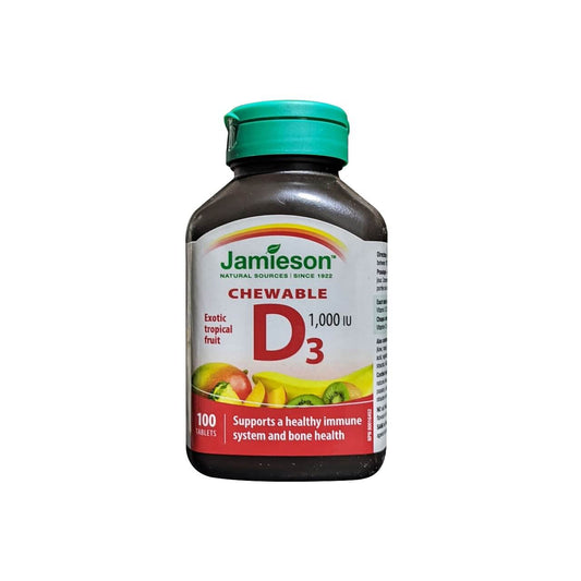 Product label for Jamieson Vitamin D3 1000 IU Exotic Tropical Fruit (100 tablets) in English