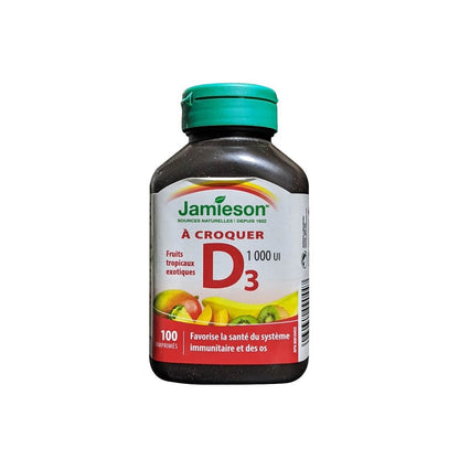 Product label for Jamieson Vitamin D3 1000 IU Exotic Tropical Fruit (100 tablets) in French