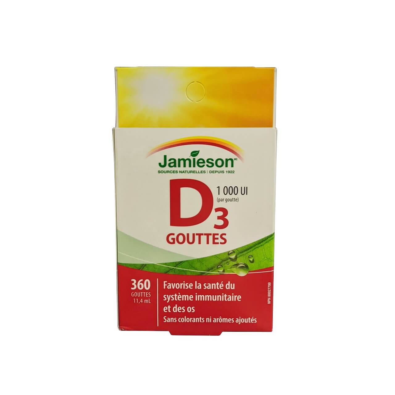 Product label for Jamieson Vitamin D3 Drops 1000 IU (11.4 mL) in French