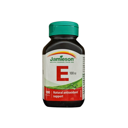 Product label for Jamieson Vitamin E 100 IU (100 softgels) in English