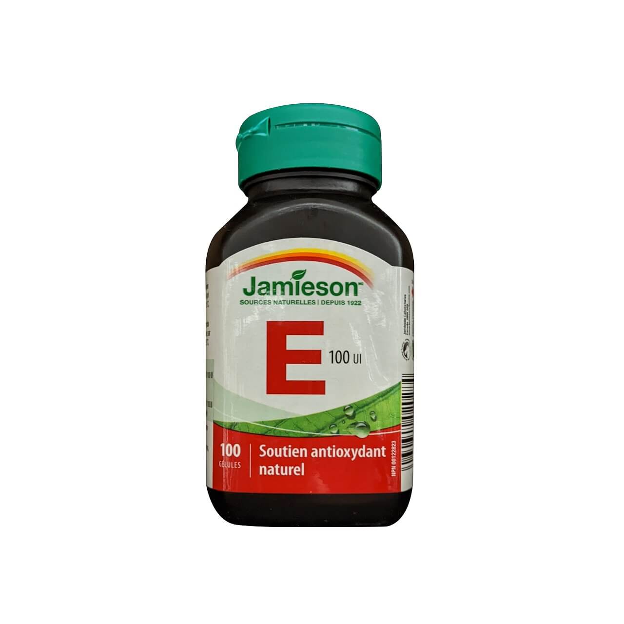 Product label for Jamieson Vitamin E 100 IU (100 softgels) in French