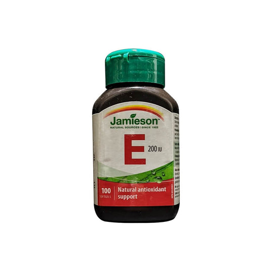 Product label for Jamieson Vitamin E 200 IU (100 softgels) in English