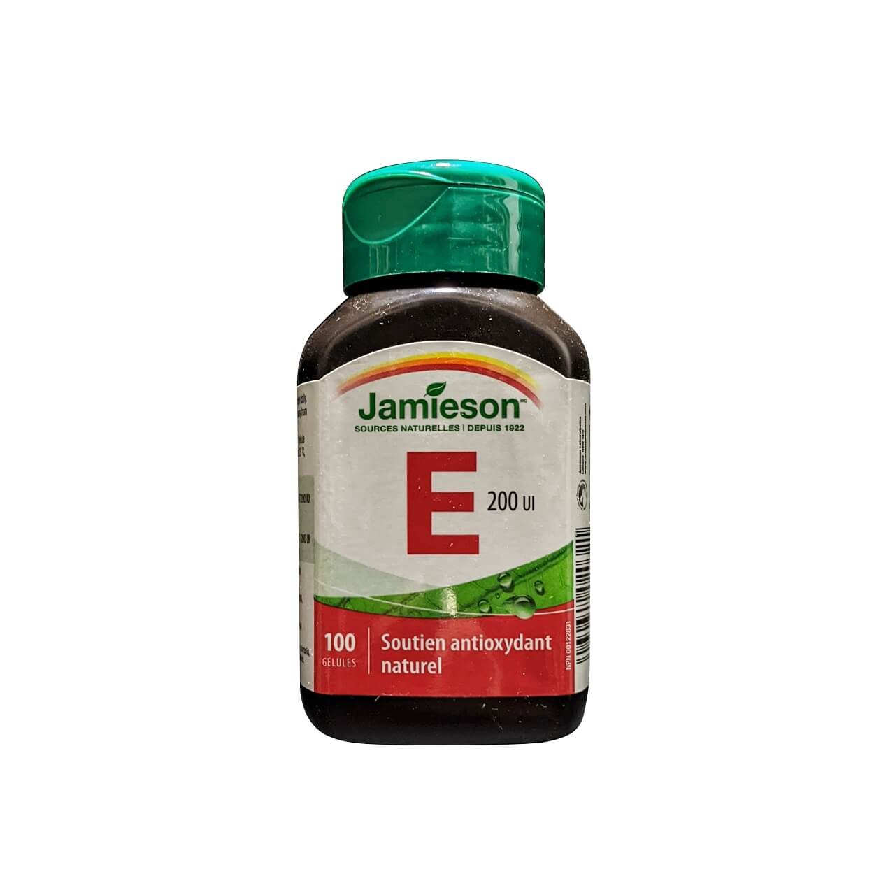 Product label for Jamieson Vitamin E 200 IU (100 softgels) in French