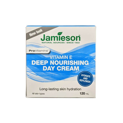 Product label for Jamieson ProVitamina Vitamin E Deep Nourishing Day Cream (120 mL) in English