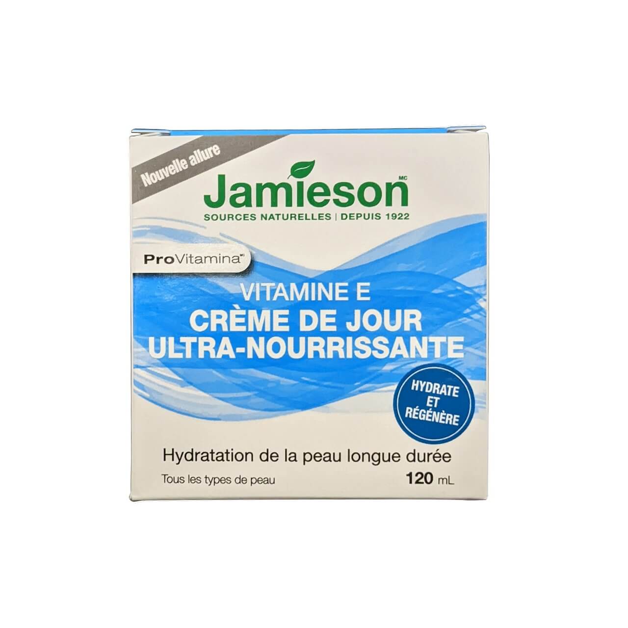 Product label for Jamieson ProVitamina Vitamin E Deep Nourishing Day Cream (120 mL) in French