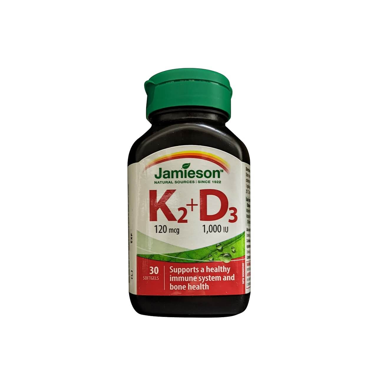 Product label for Jamieson Vitamin K2 (120 mcg) and D3 (1000 IU) (30 softgels) in English