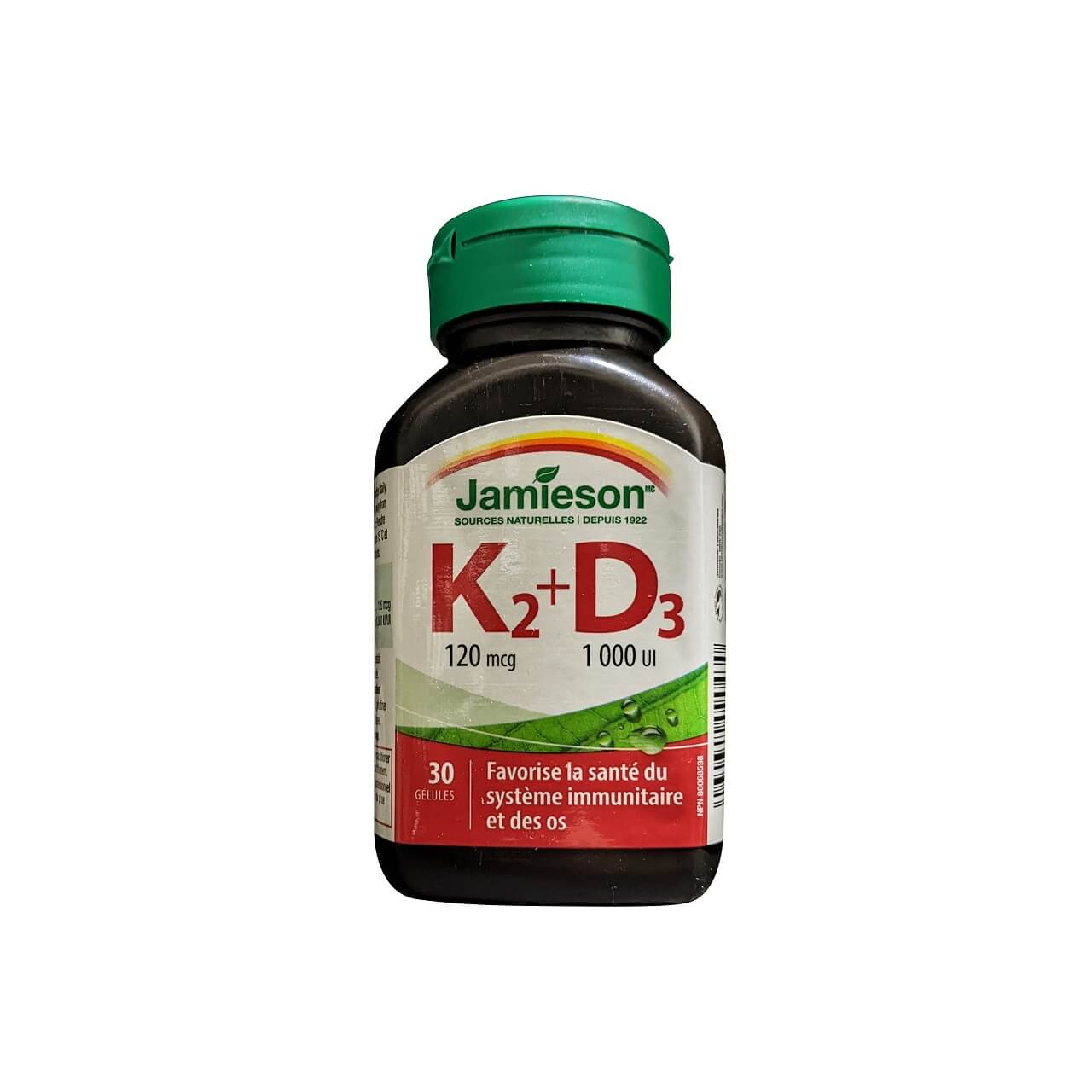 Product label for Jamieson Vitamin K2 (120 mcg) and D3 (1000 IU) (30 softgels) in French