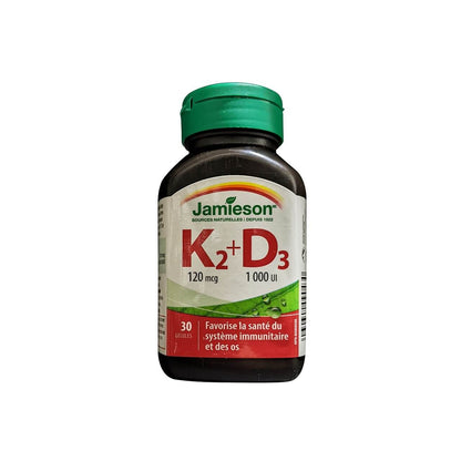 Product label for Jamieson Vitamin K2 (120 mcg) and D3 (1000 IU) (30 softgels) in French