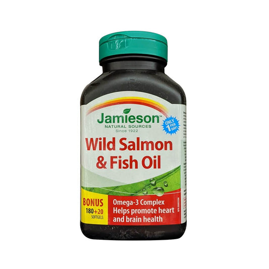 Product label for Jamieson Wild Salmon and Fish Oil Omega-3 Complex (200 softgels) in English