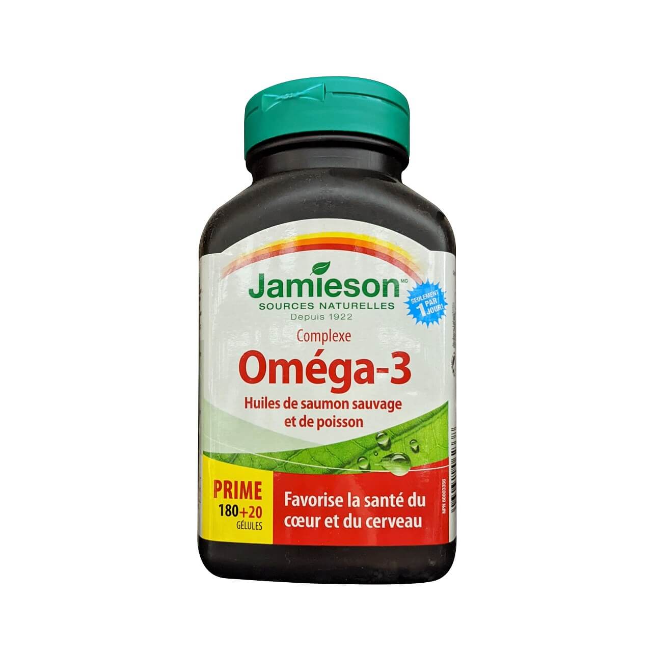 Product label for Jamieson Wild Salmon and Fish Oil Omega-3 Complex (200 softgels) in French