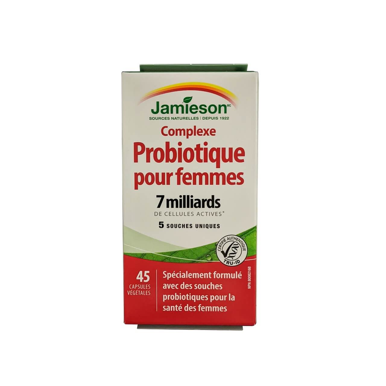 Product label for Jamieson Women's Probiotic Complex 7 Billion (45 capsules) in French
