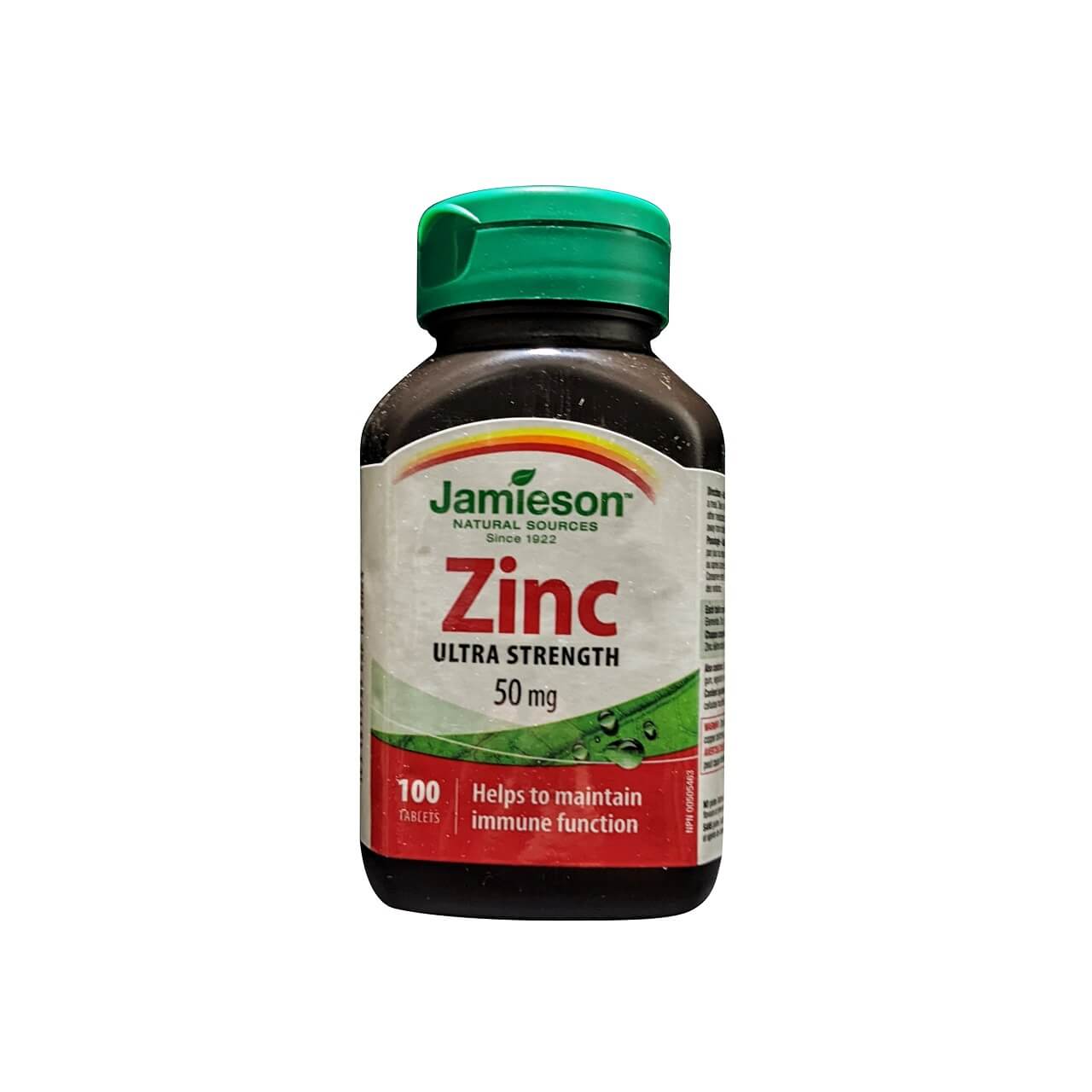 Product label for Jamieson Zinc 50 mg Ultra Strength (100 tablets) in English