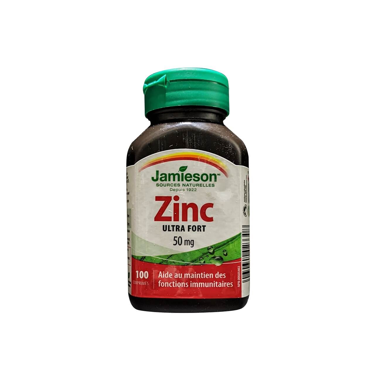 Product label for Jamieson Zinc 50 mg Ultra Strength (100 tablets) in French