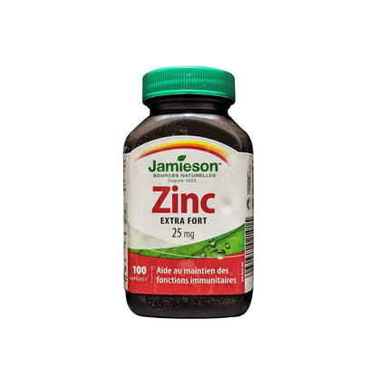 Product label for Jamieson Zinc Extra Strength 25 mg (100 tablets) in French