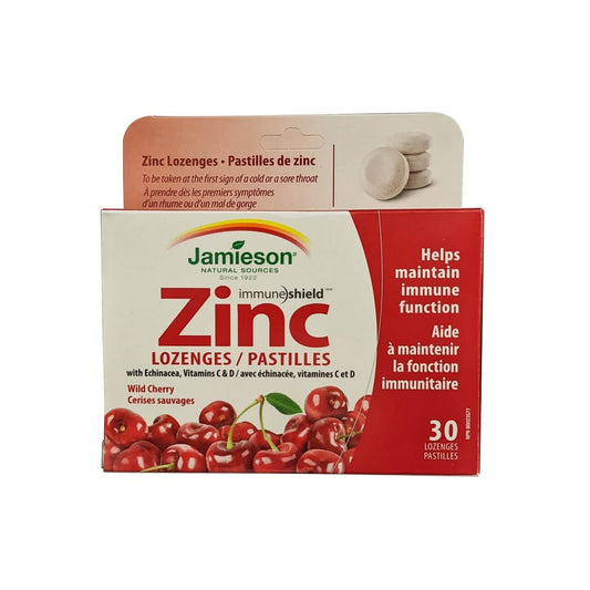 Product label for Jamieson Zinc Lozenges with Echinacea and Vitamin C & D Wild Cherry Flavour (30 lozenges)