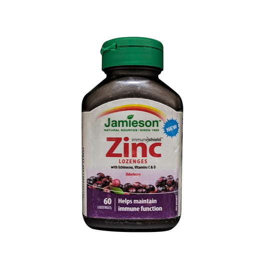 Product label for Jamieson Zinc Lozenges with Echinacea, Vitamins C & D Elderberry Flavour (60 lozenges) in English