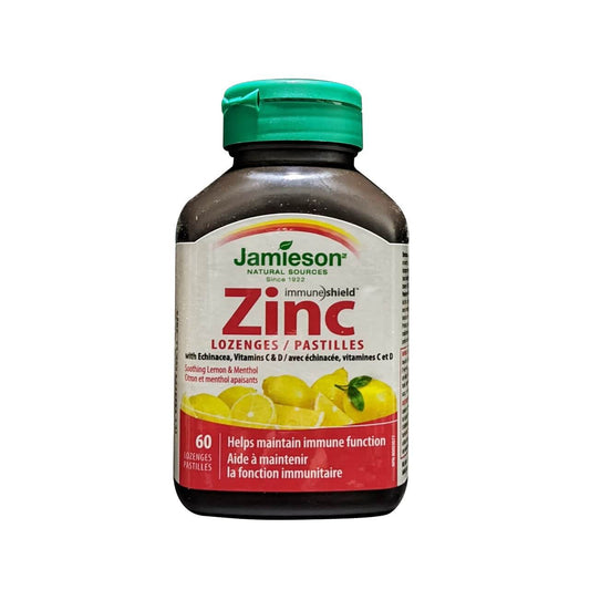 Product label for Jamieson Zinc Lozenges with Echinacea, Vitamins C & D Lemon and Menthol Flavour (60 lozenges)
