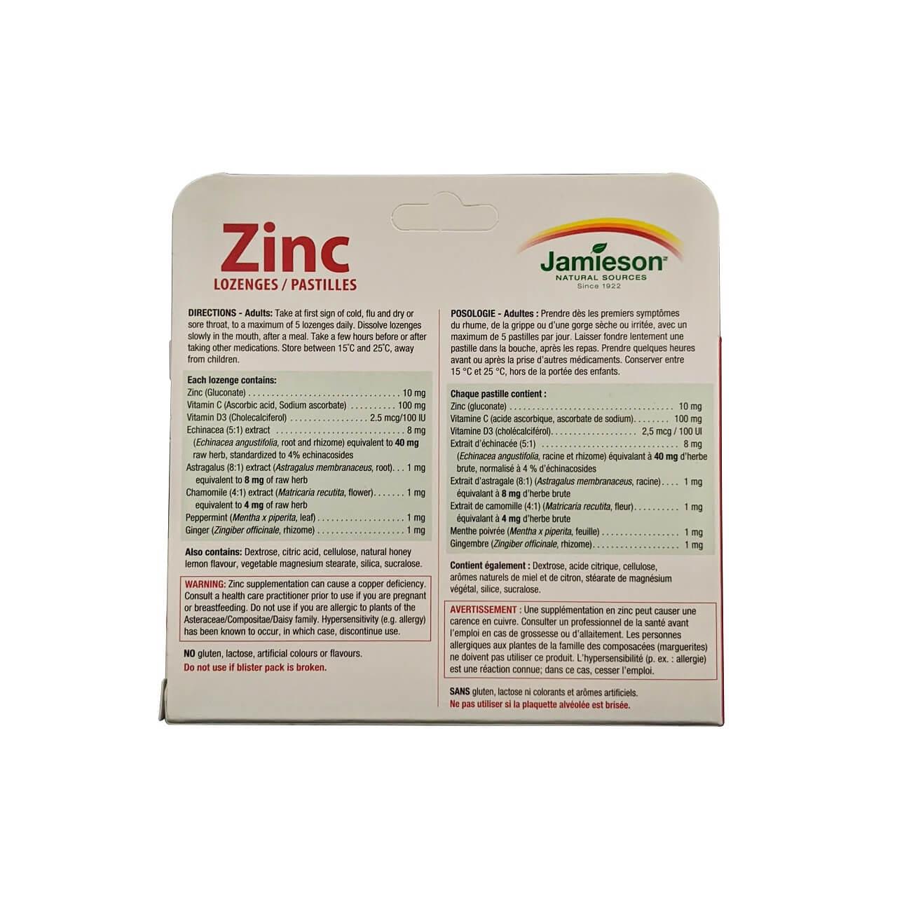 Directions, ingredients, warnings for Jamieson Zinc Lozenges with Echinacea and Vitamin C & D Honey Lemon Flavour (30 tablets)
