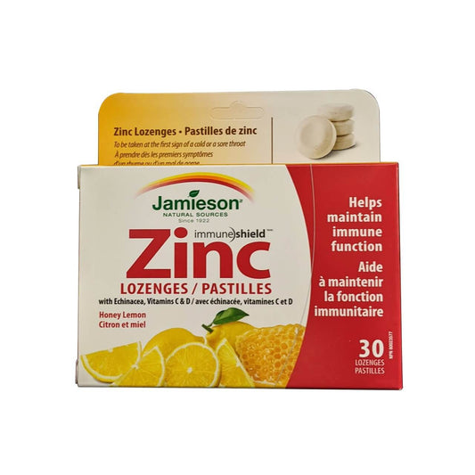 Product label for Jamieson Zinc Lozenges with Echinacea and Vitamin C & D Honey Lemon Flavour (30 tablets)