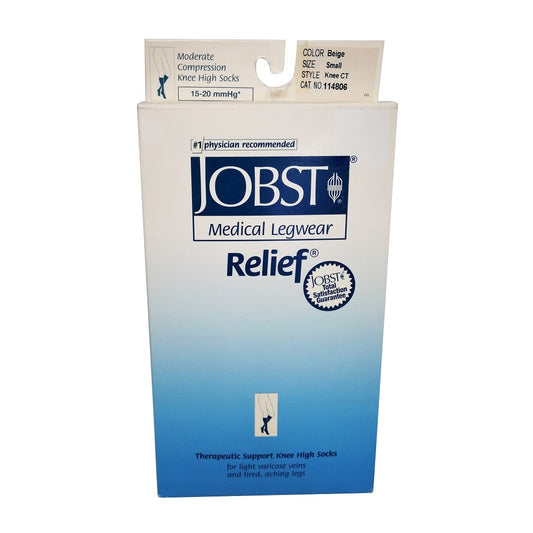 Product label for Jobst Relief Compression Socks 15-20 mmHg - Knee High / Closed Toe / Beige (Small)