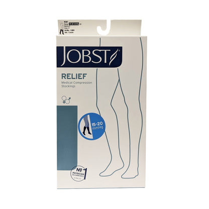 Product label for Jobst Relief Compression Socks 15-20 mmHg - Knee High / Open Toe / Beige (Medium)