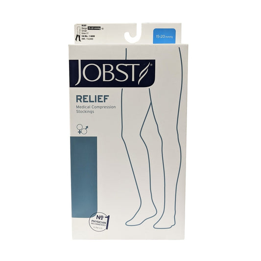 Product label for Jobst Relief Compression Socks 15-20 mmHg - Knee High / Open Toe / Beige (Small)