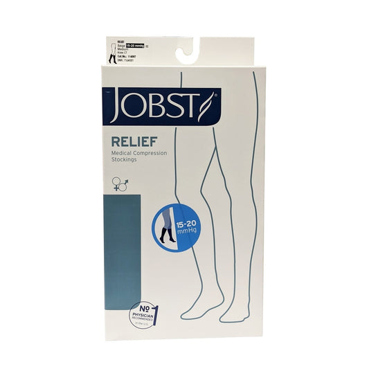 Product label for Jobst Relief Compression Socks 15-20 mmHg - Knee High / Closed Toe / Beige (Medium)