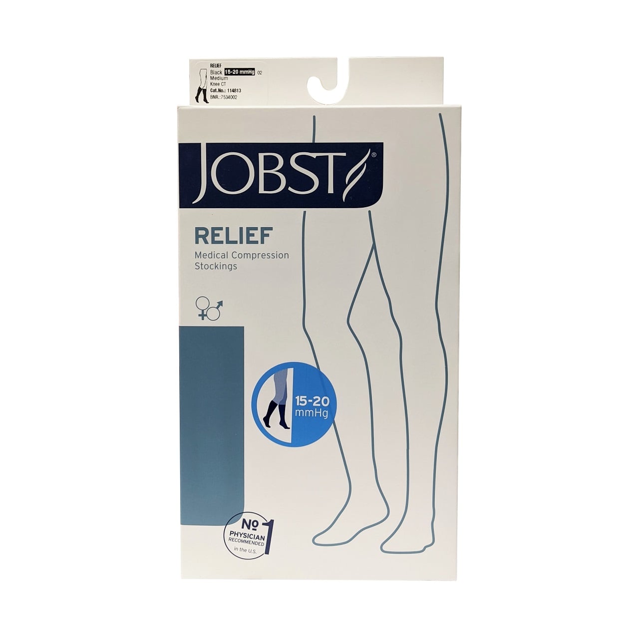 Product label for Jobst Relief Compression Socks 15-20 mmHg - Knee High / Closed Toe / Black (Medium)