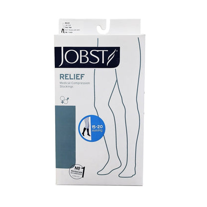 Product label for Jobst Relief Compression Stockings 15-20 mmHg - Knee High / Open Toe / Beige (Large)