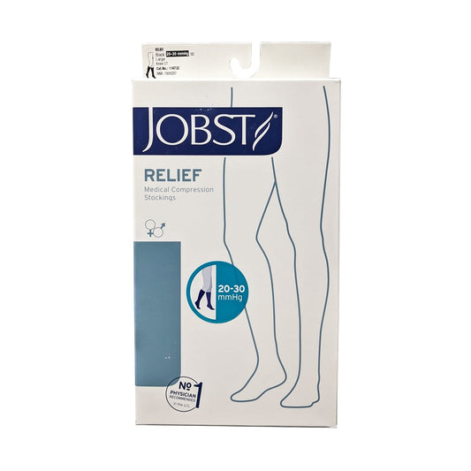 Product label for Jobst Relief Compression Stockings 20-30 mmHg - Knee High / Closed Toe / Black (Large)