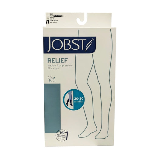 Product label for Jobst Relief Compression Stockings 20-30 mmHg - Knee High / Closed Toe / Black - Medium