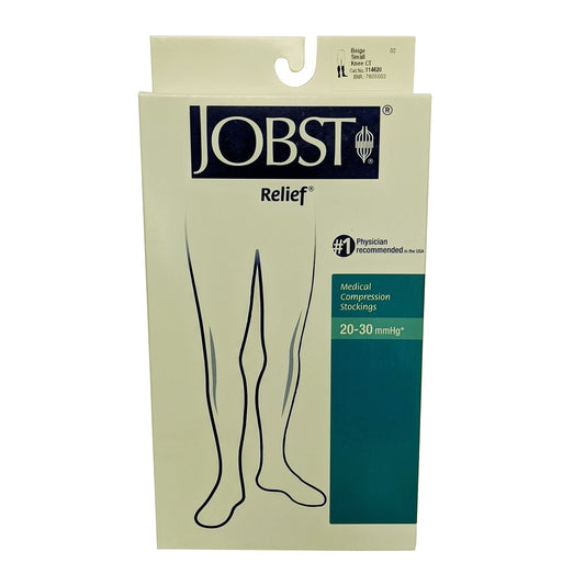 Product label for Jobst Relief Compression Stockings 20-30 mmHg - Knee High / Closed Toe / Beige (Small)