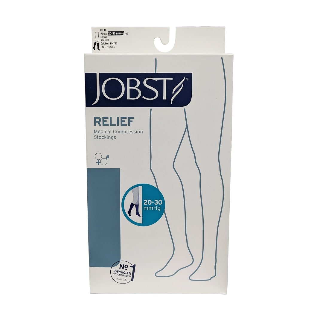 Product label for Jobst Relief Compression Stockings 20-30 mmHg - Knee High / Closed Toe / Black - Small