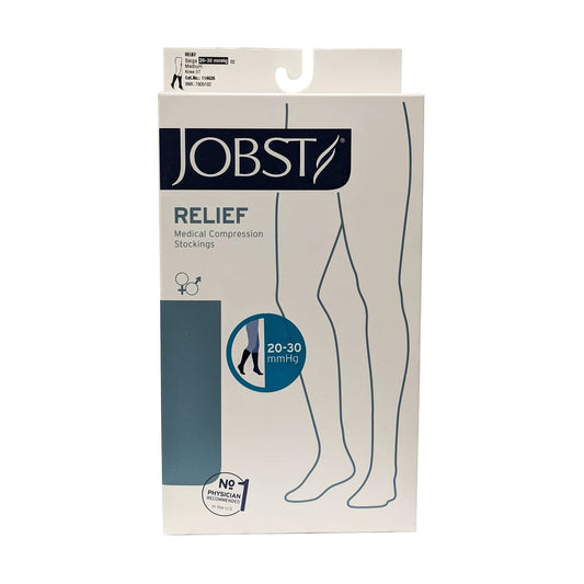 Product label for Jobst Relief Compression Stockings 20-30 mmHg - Knee High / Open Toe / Beige (Medium)