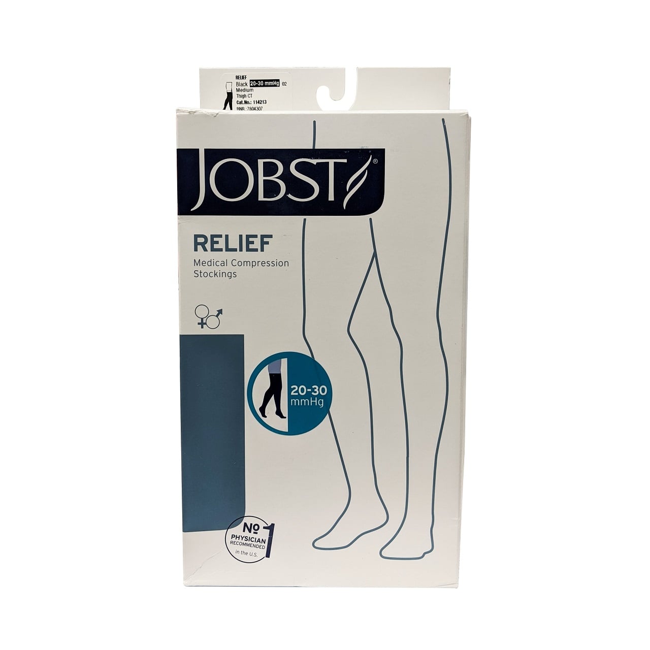 Product label for Jobst Relief Compression Stockings 20-30 mmHg - Thigh High / Silicone Dot Band / Closed Toe / Black (Medium)