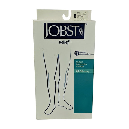 Product label for Jobst Relief Compression Stockings 20-30 mmHg - Thigh High / Silicone Dot Band / Closed Toe / Beige (medium)