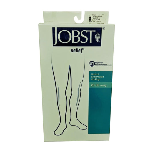 Product label for Jobst Relief Compression Stockings 20-30 mmHg - Thigh High / Silicone Dot Band / Closed Toe / Beige (Small)