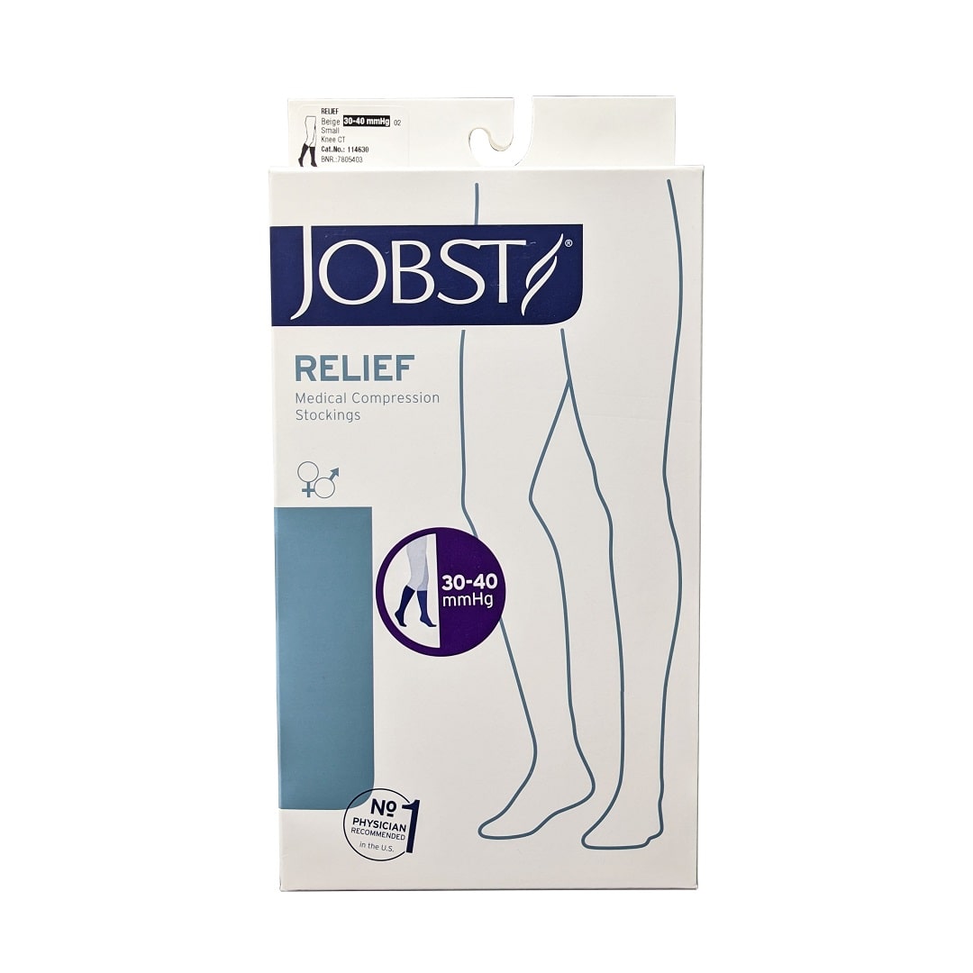 Product label for Jobst Relief Compression Stockings 30-40 mmHg - Knee High / Closed Toe / Beige (Small)