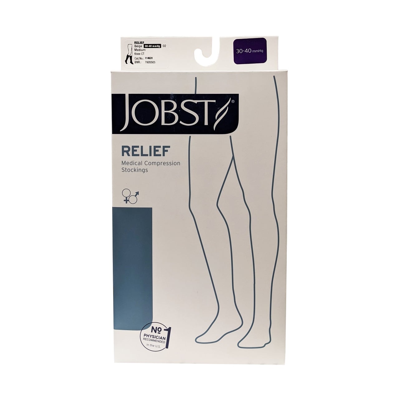 Product label for Jobst Relief Compression Stockings 30-40 mmHg - Knee High / Closed Toe / Beige (Medium)