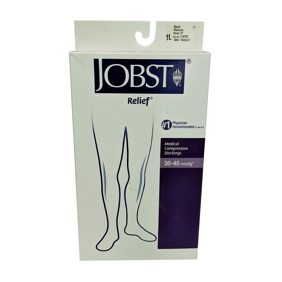 Product label for Jobst Relief Compression Stockings 30-40 mmHg - Knee High / Closed Toe / Black (Medium)
