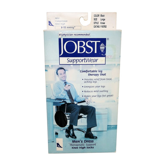 Product label for Jobst SupportWear Men's Compression Socks 8-15 mmHg - Knee High / Black