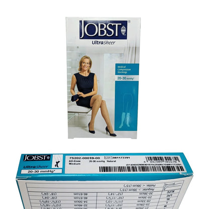 Product label and UPC tag for Jobst UltraSheer Compression Stockings 20-30 mmHg - Knee High / Closed Toe / Natural (medium)