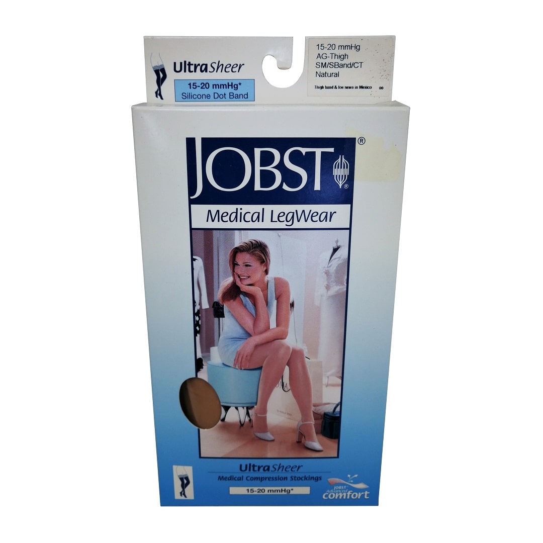 Product label for Jobst UltraSheer Compression Stockings 15-20 mmHg - Thigh High / Silicone Dot Band / Closed Toe / Natural (Small)