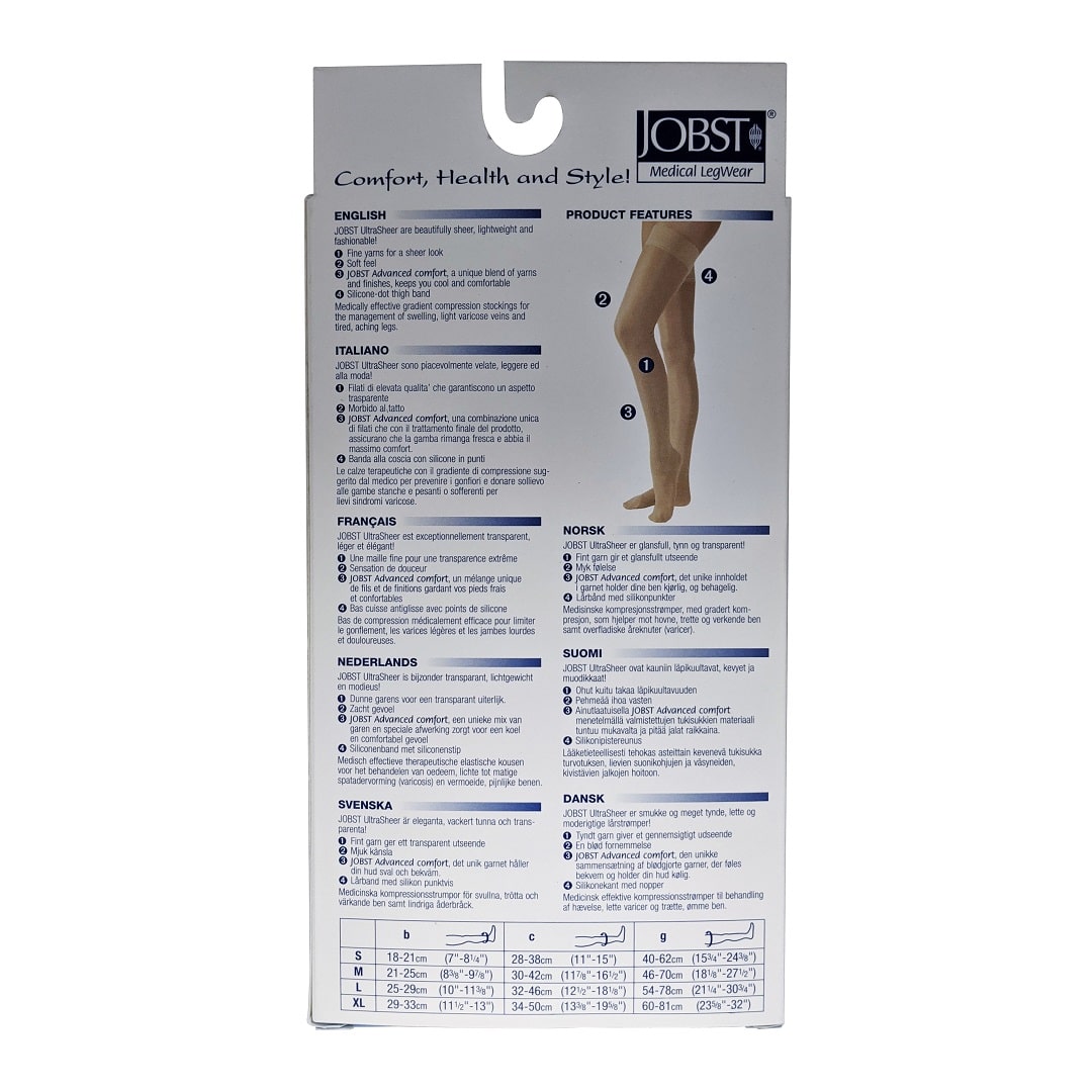 Description and size chart for Jobst UltraSheer Compression Stockings 15-20 mmHg - Thigh High / Silicone Dot Band / Closed Toe / Natural