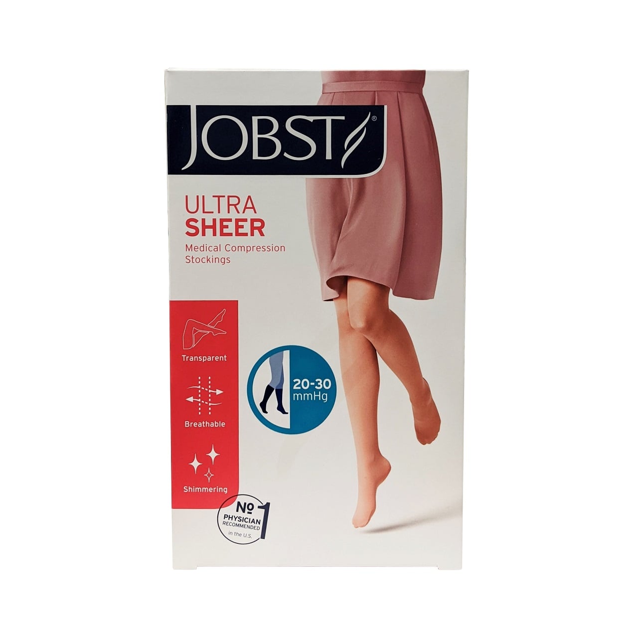 Product label for Jobst UltraSheer Compression Stockings 20-30 mmHg - Knee High / Open Toe / Natural (Small)
