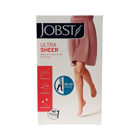 Product label for Jobst UltraSheer Compression Stockings 20-30 mmHg - Thigh High / Silicone Dot Band / Closed Toe / Black (Medium)