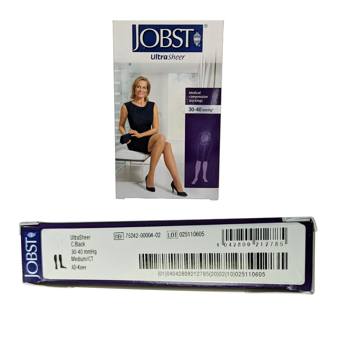Product label for Jobst UltraSheer Compression Stockings 30-40 mmHg - Knee high / Closed Toe / Black (medium)