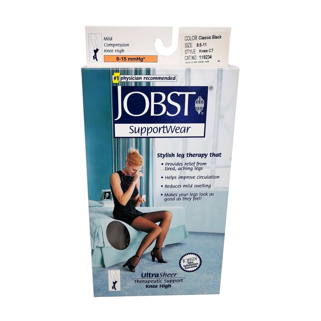 Product label for Jobst SupportWear Compression Stockings 8-15 mmHg - Knee High / Closed Toe / Sz. 9.5-11/ Black