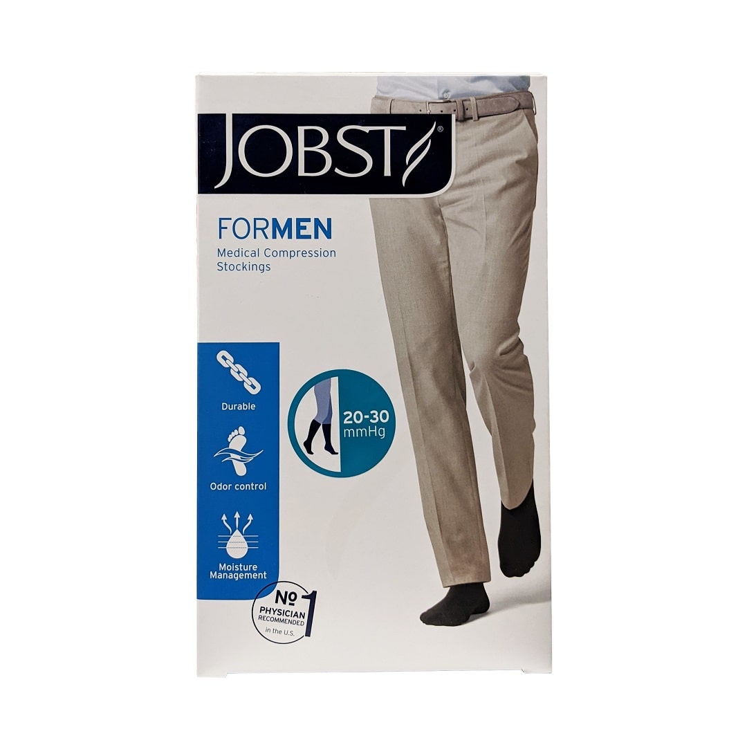 Product label for Jobst for Men Compression Socks 20-30 mmHg - Knee High / Closed Toe / Black (Large)
